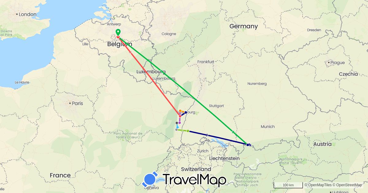 TravelMap itinerary: driving, bus, plane, train, hiking, boat, hitchhiking, motorbike, electric vehicle in Belgium, Germany, France (Europe)